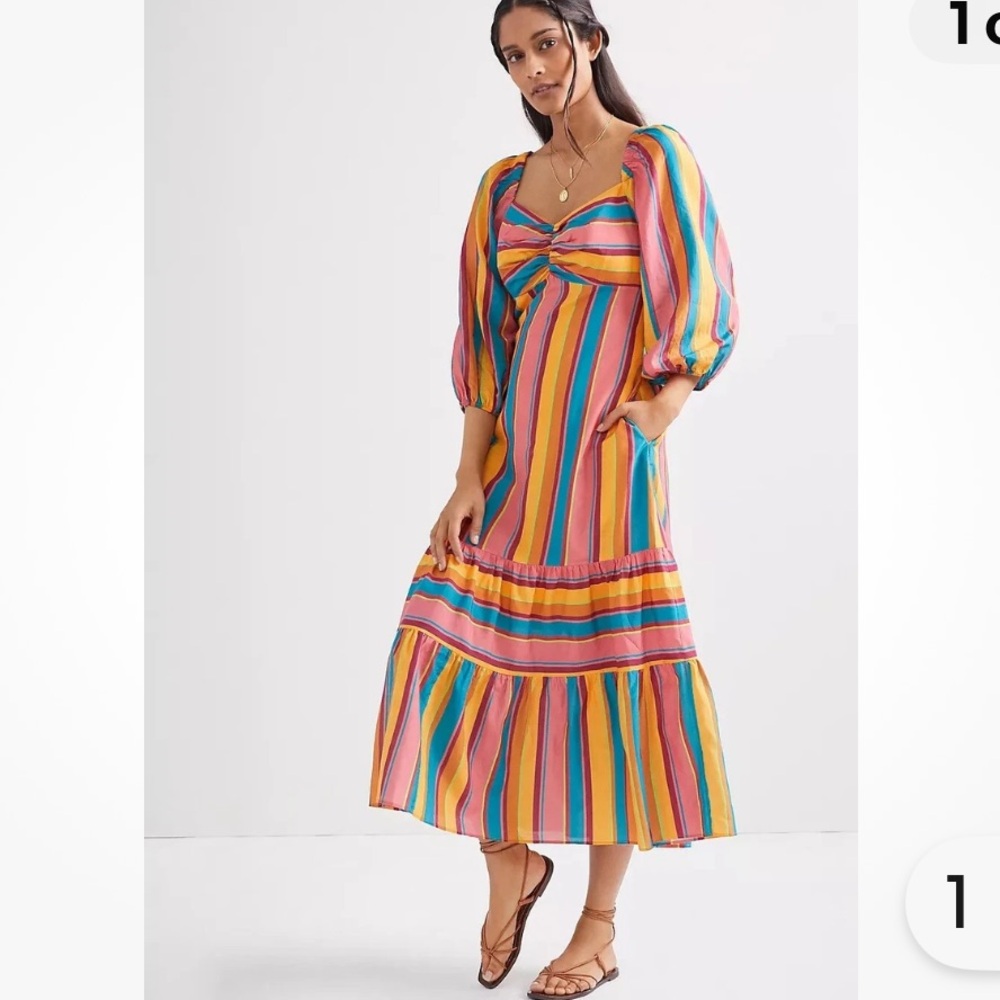 ANTHROPOLOGIE X FARM RIO Size Large RAINBOW STRIPED MIDI DRESS - Picture 1 of 7